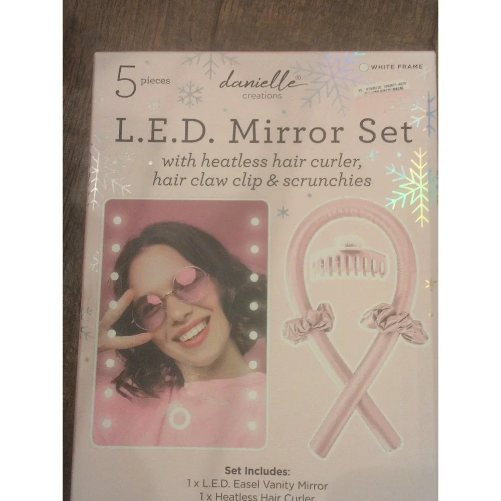 Danielle Creations LED Mirror Set Heatless Hair Curler Claw Clip Scrunchies Pink